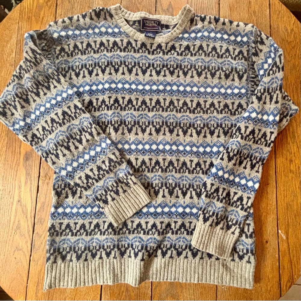 Vintage Gray & Blue Crewneck Sweater Wool Blend Fair Isle Pattern Size Large ☃️